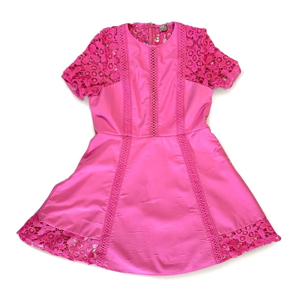 Asos Crochet Lace Scuba Flare Dress Sz 12 Pink Barbiecore Cottage Coquette Party